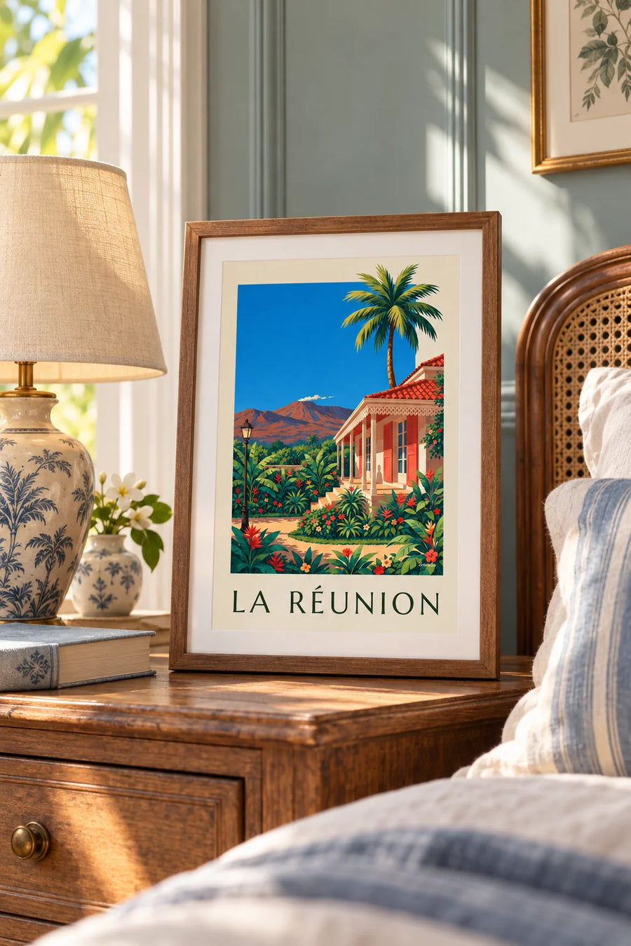 Plakat med kreolsk hus og Piton de la Fournaise på Réunion: lille A4 i ramme