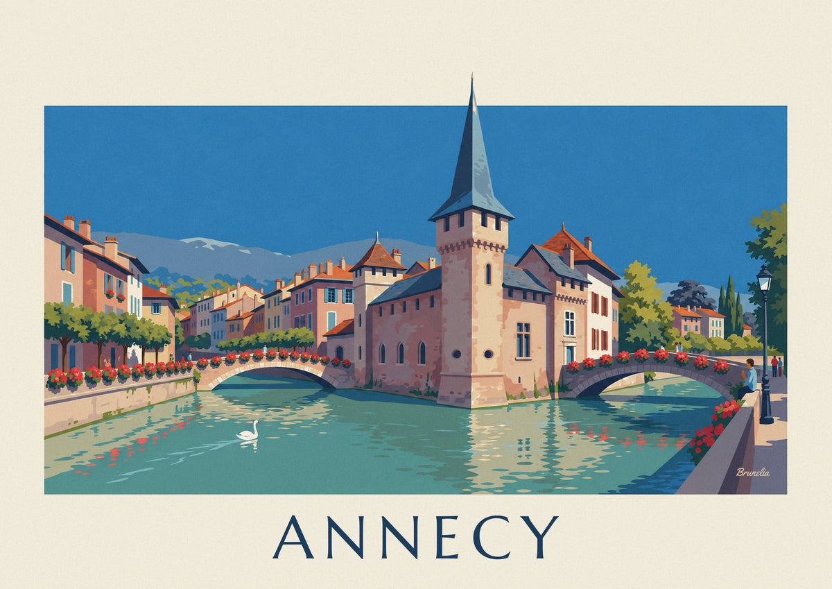 Annecy Palais de l’Isle and flower-covered Thiou bridges poster