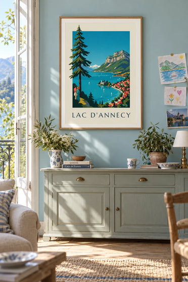 Plakat med Lac d'Annecy i Alperne, sejlbåde og Tournette: indrammet på væggen