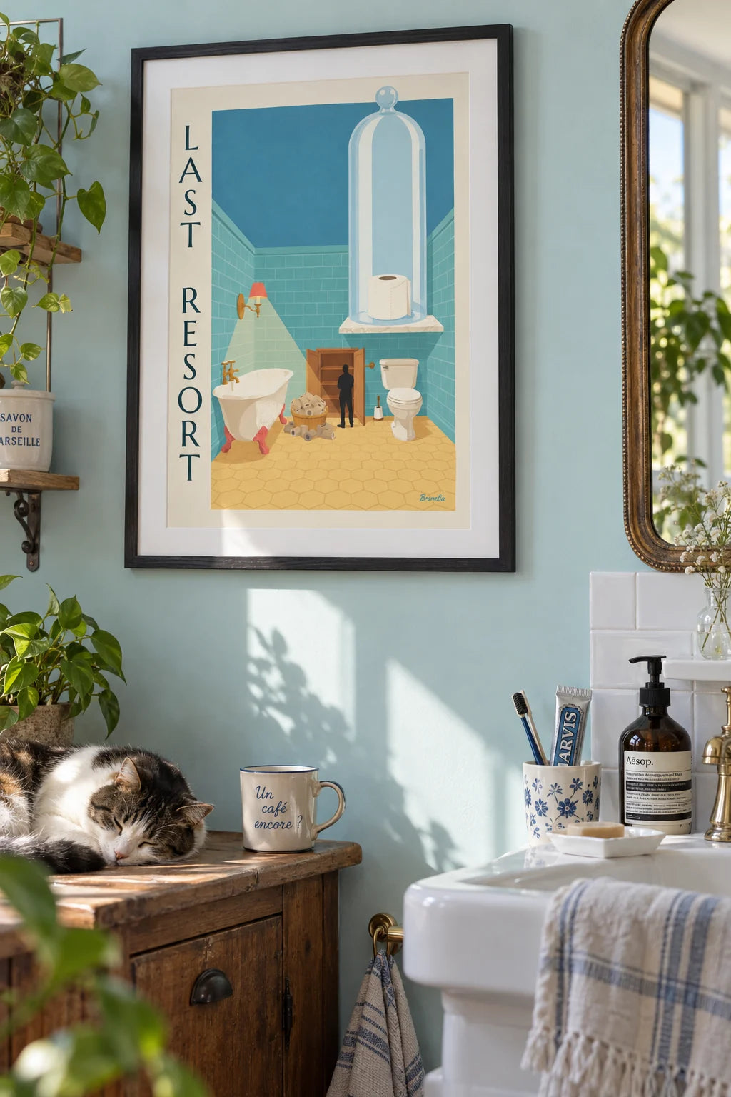 Last toilet paper roll under a glass cloche poster on the wall