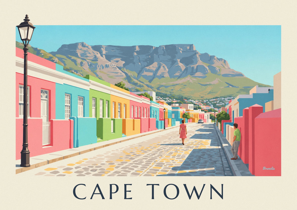 Affiche maisons colorées du Bo-Kaap au Cap et montagne de la Table