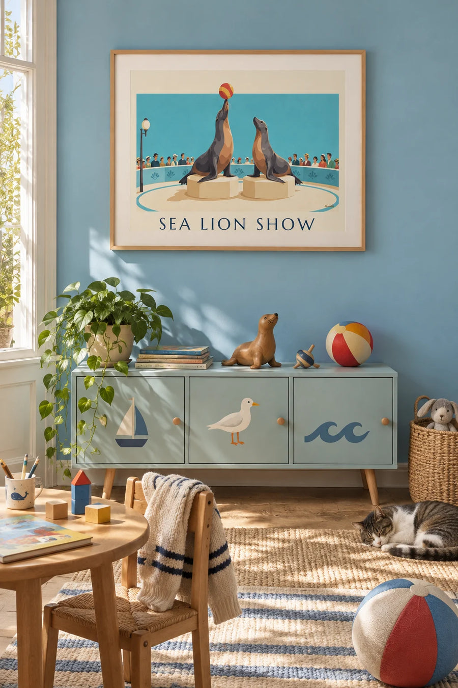 Poster of sea lions juggling balls in the circus ring: framed on the wall