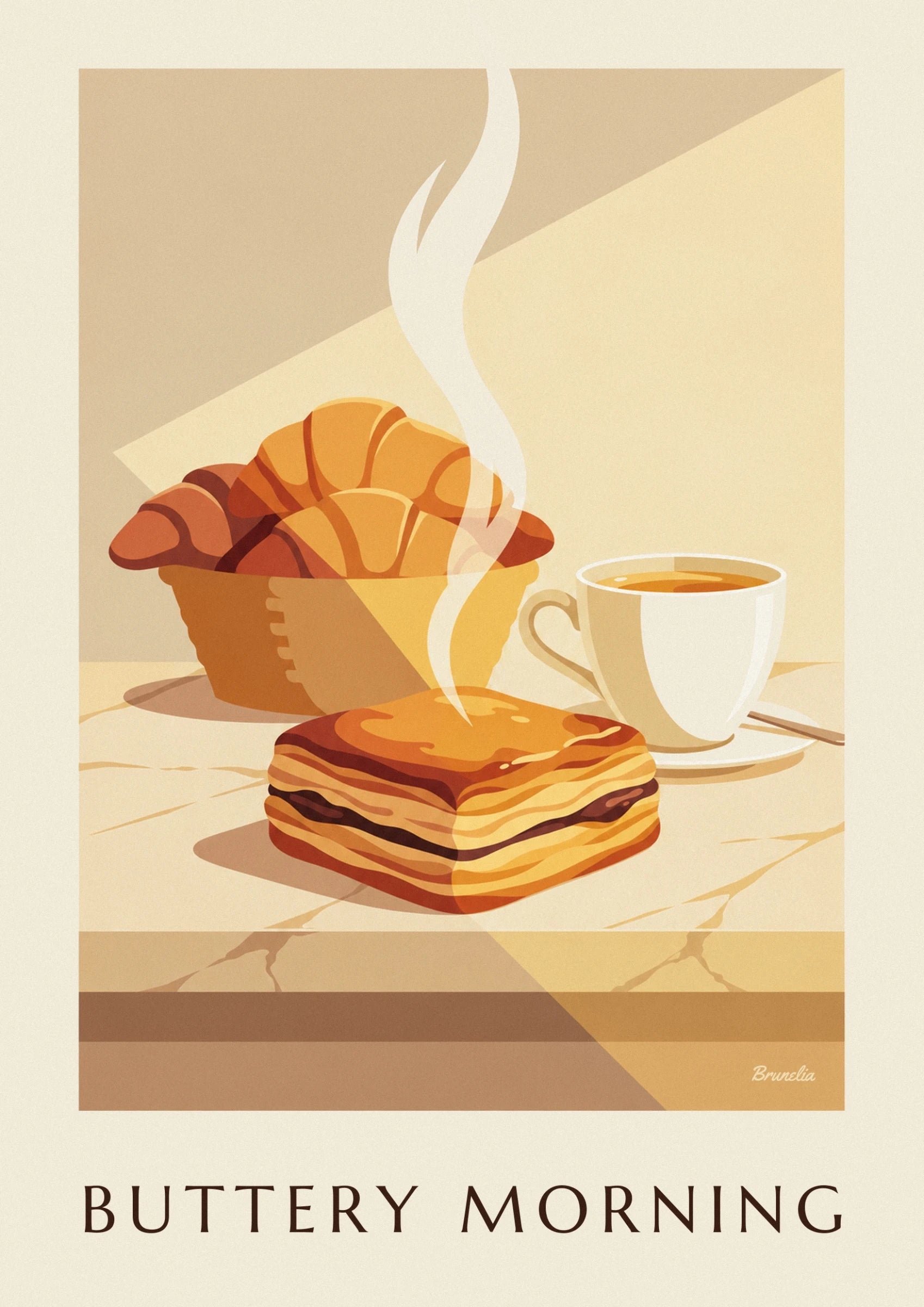 A golden pain au chocolat with flaky layers beside a steaming cup