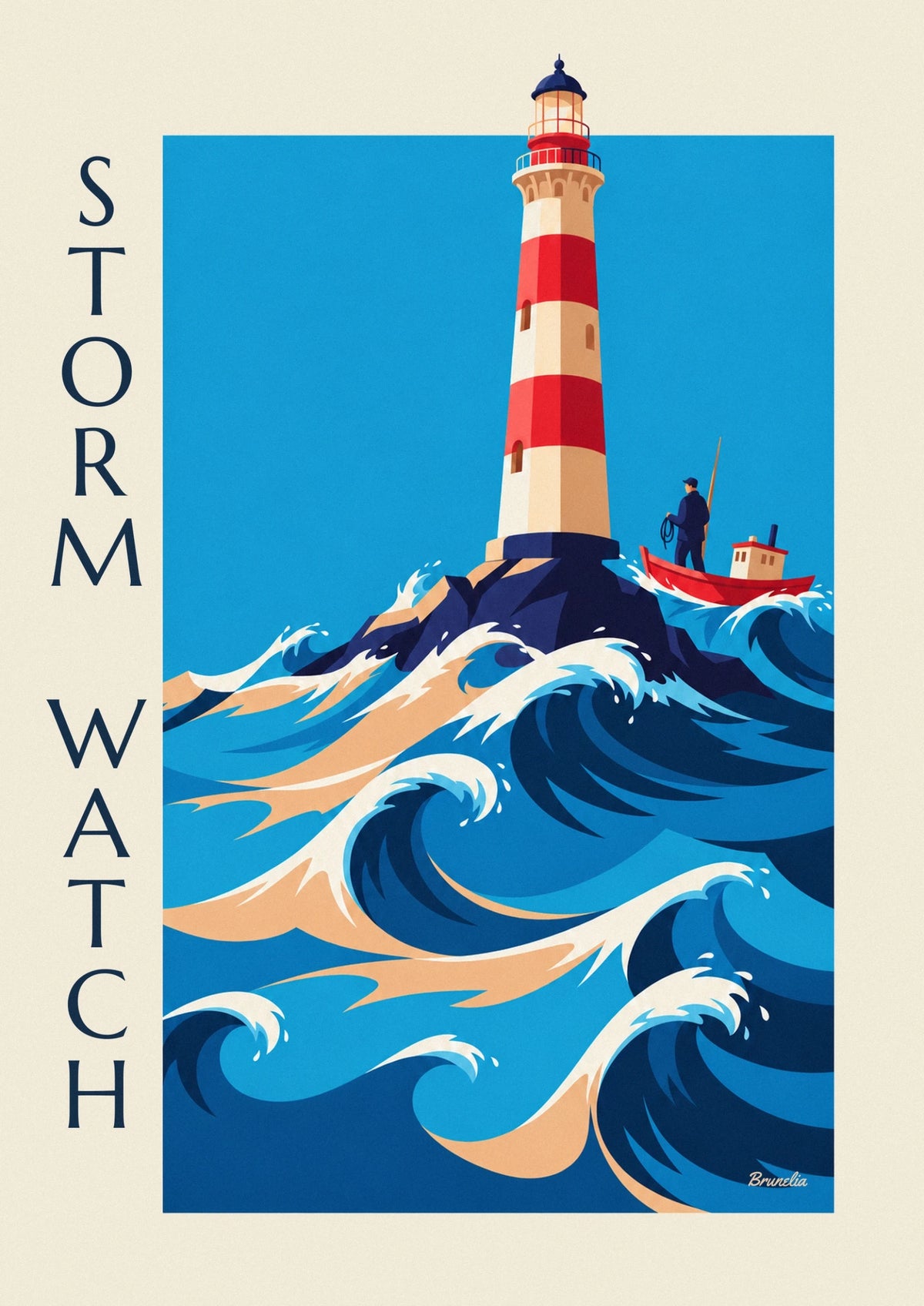 Affiche phare des marins dans les vagues de tempête