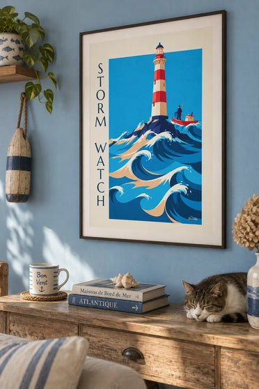 Plakat med sømændenes fyrtårn i stormfulde bølger: indrammet på væggen