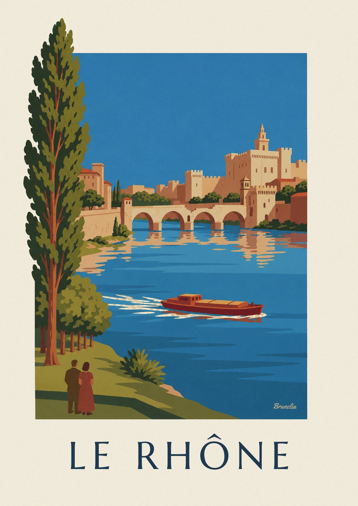 Plakat med flodpram på Rhône foran broen i Avignon