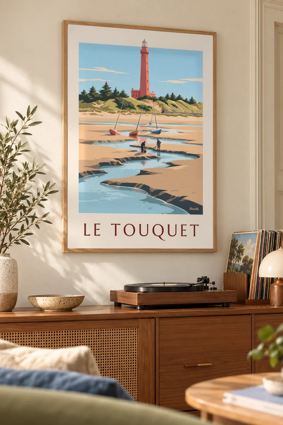 Plakat med fyrtårnet i Le Touquet og fiskere til fods i Canche-bugten: indrammet på væggen