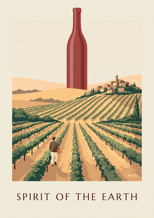 Affiche bouteille de vin rouge au milieu des vignes de campagne : l'affiche entière