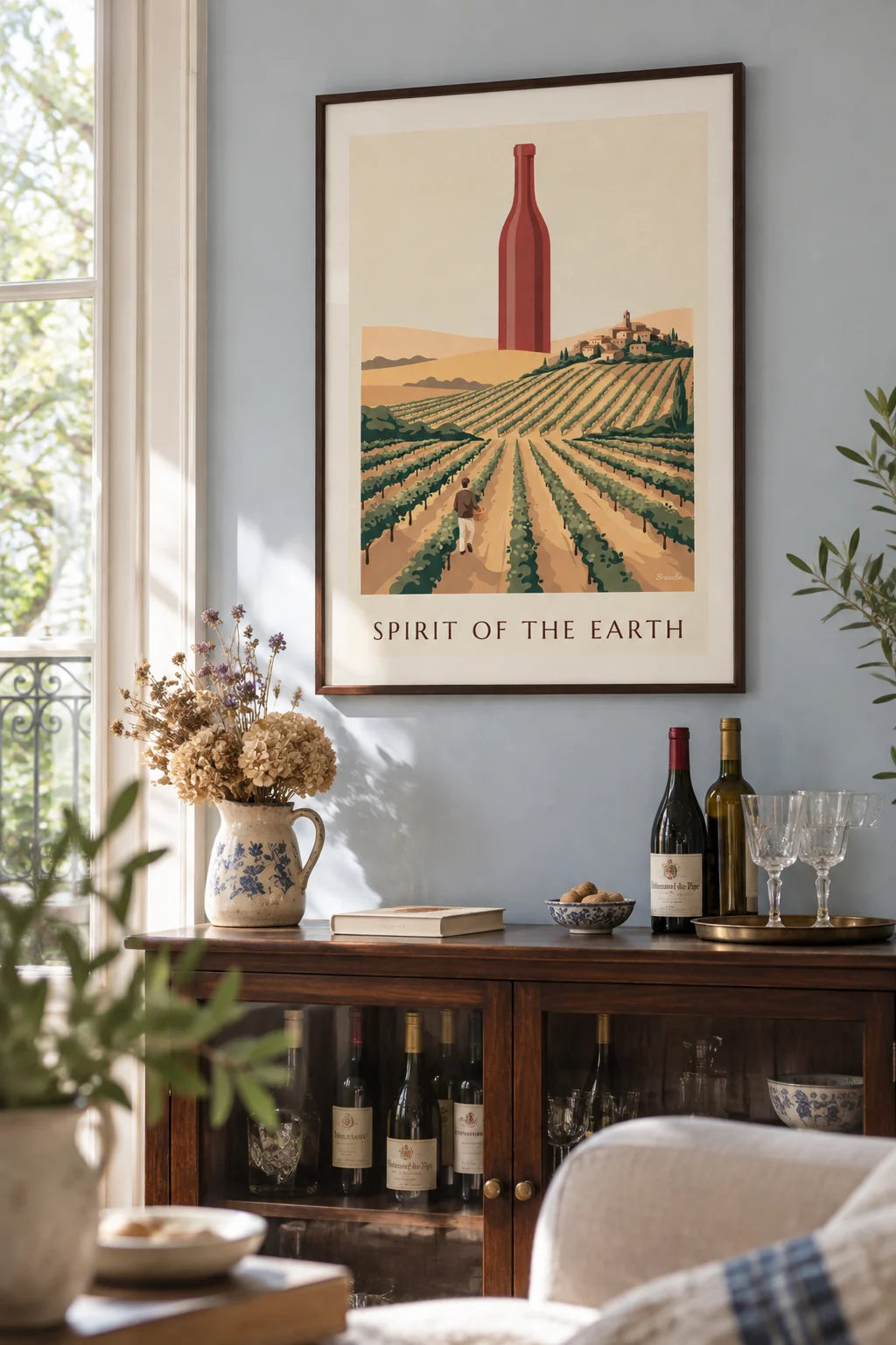 Kitchen: Red wine bottle among countryside vines poster on the wall