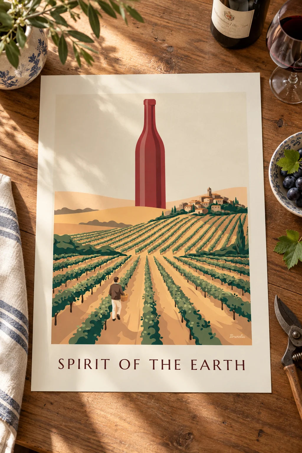 Cuisine : mise en situation de Affiche bouteille de vin rouge au milieu des vignes de campagne