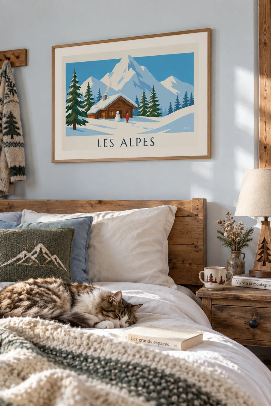 Affiche chalet enneigé et bonhomme de neige dans les Alpes : encadrée au mur