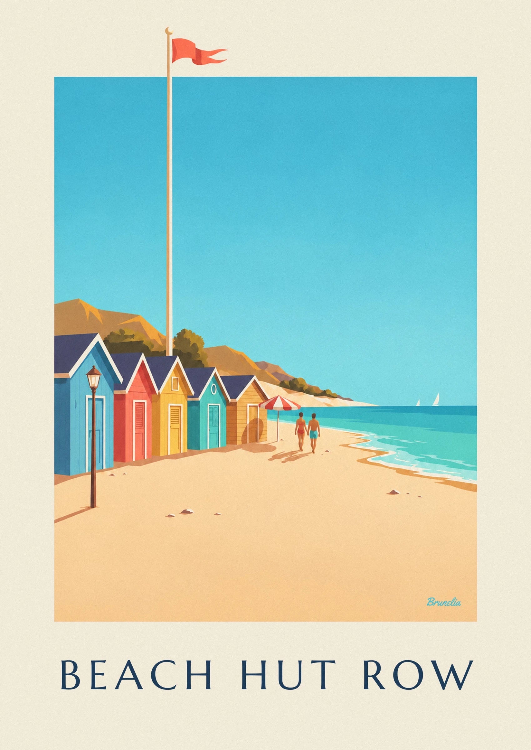 Blue, red, yellow and turquoise beach huts behind a lamppost