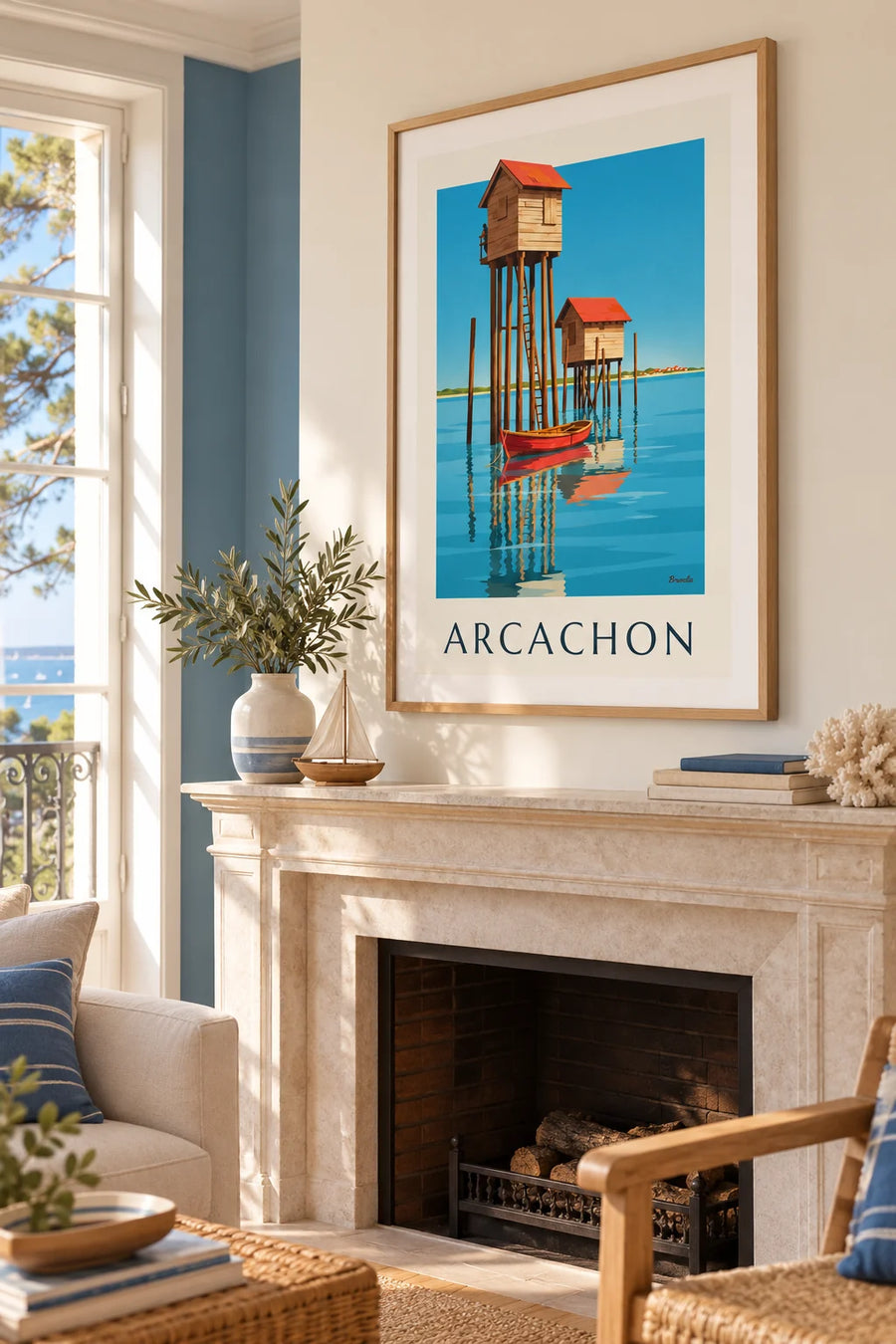 Plakat med styltehuse (cabanes tchanquées) på pæle i Bassin d'Arcachon: indrammet på væggen