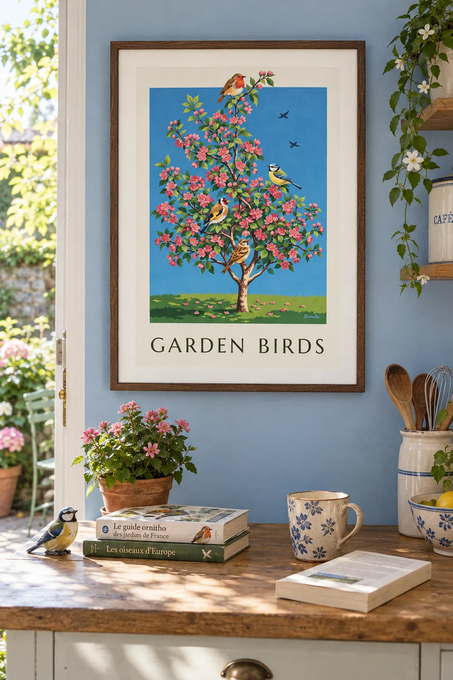 Poster of garden birds on a flowering apple tree: framed on the wall