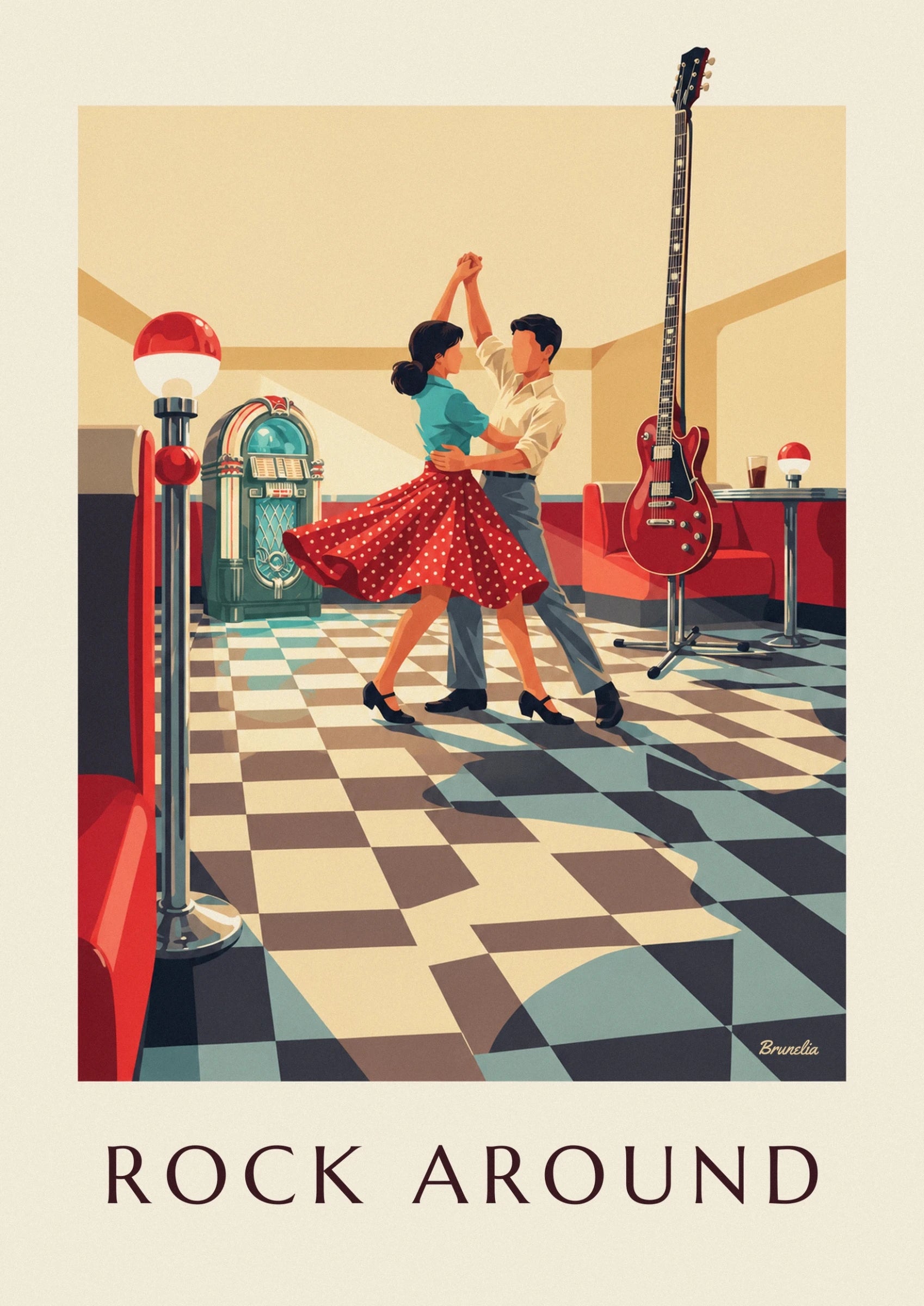 Le couple de danseurs, jupe rouge à pois et chemise crème, près du juke-box