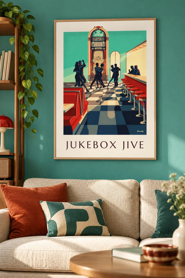 Affiche jukebox et silhouettes de danseurs de rock : encadrée au mur