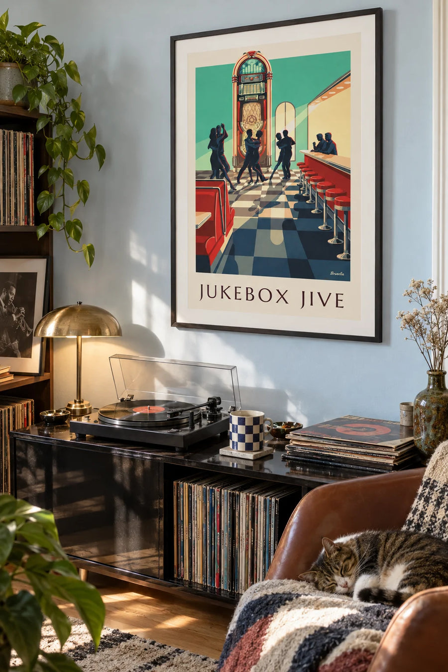 Jukebox and rock dancer silhouettes poster: framed on the wall