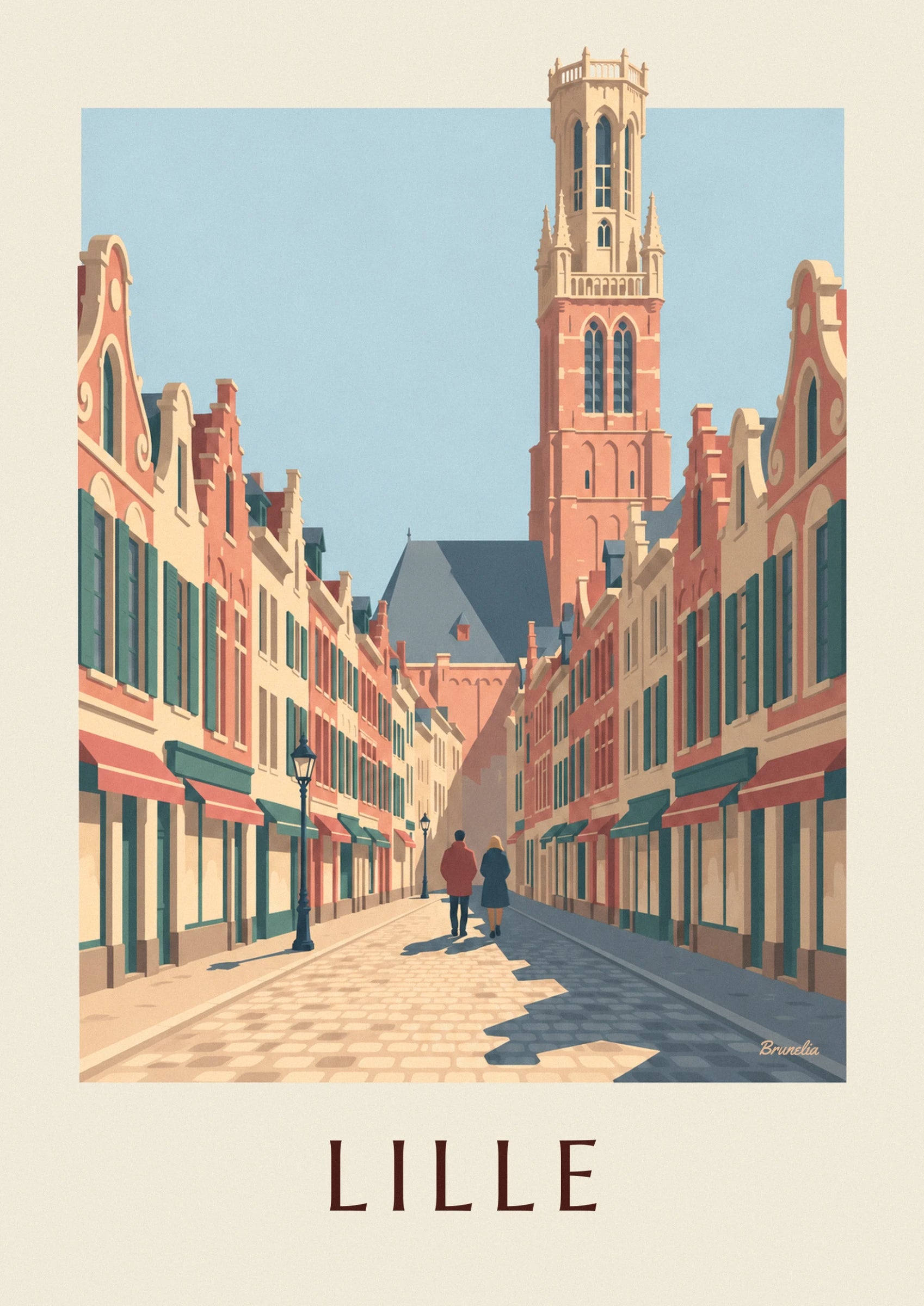 The pink brick belfry and its stepped gables beneath a pale blue sky