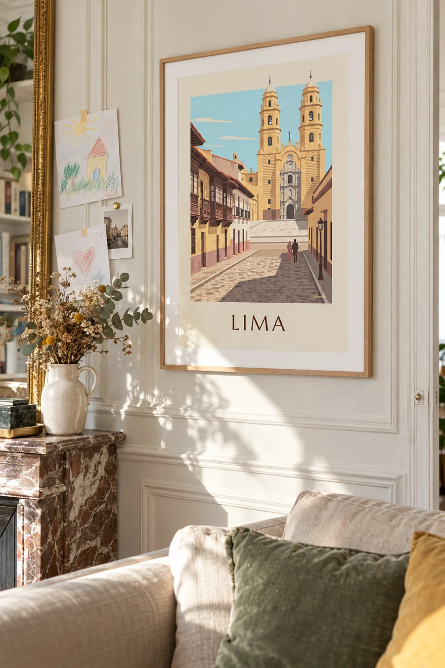 Plakat med kolonigade i Lima og Basilikaen San Francisco: indrammet på væggen