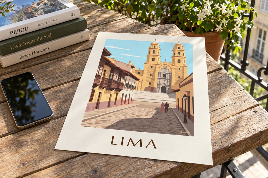 Plakat med kolonigade i Lima og Basilikaen San Francisco: stående på et bord
