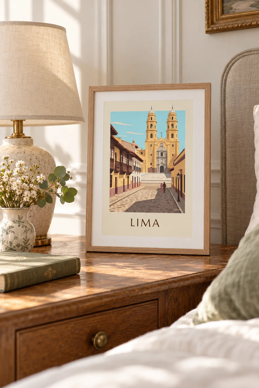 Plakat med kolonigade i Lima og San Francisco-basilikaen: lille A4-plakat i ramme
