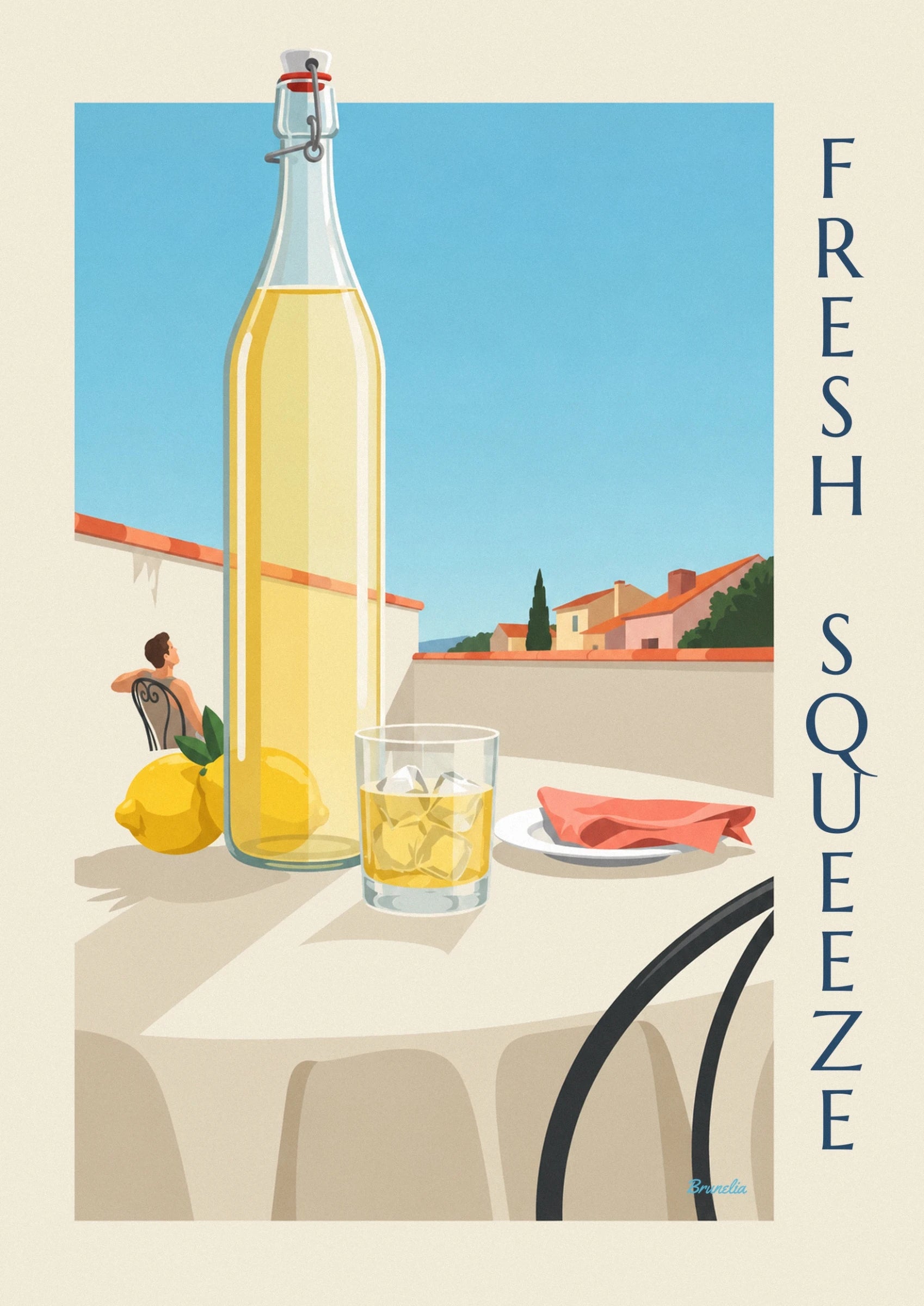 The bottle of lemonade, 2 lemons and a glass of ice cubes, with a man seated in the background