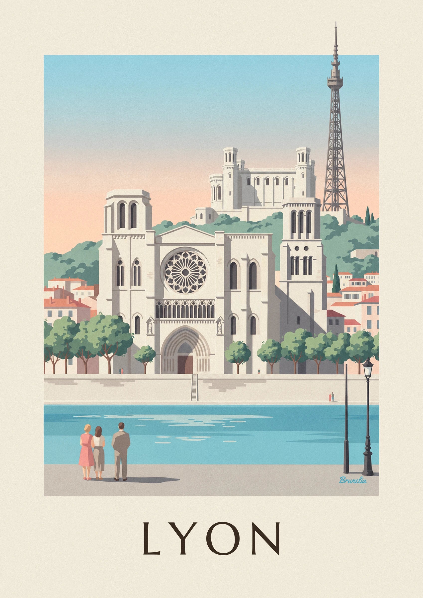 Plakat med Saint-Jean-katedralen og Saône-kajerne i Lyon: nærbillede af detalje