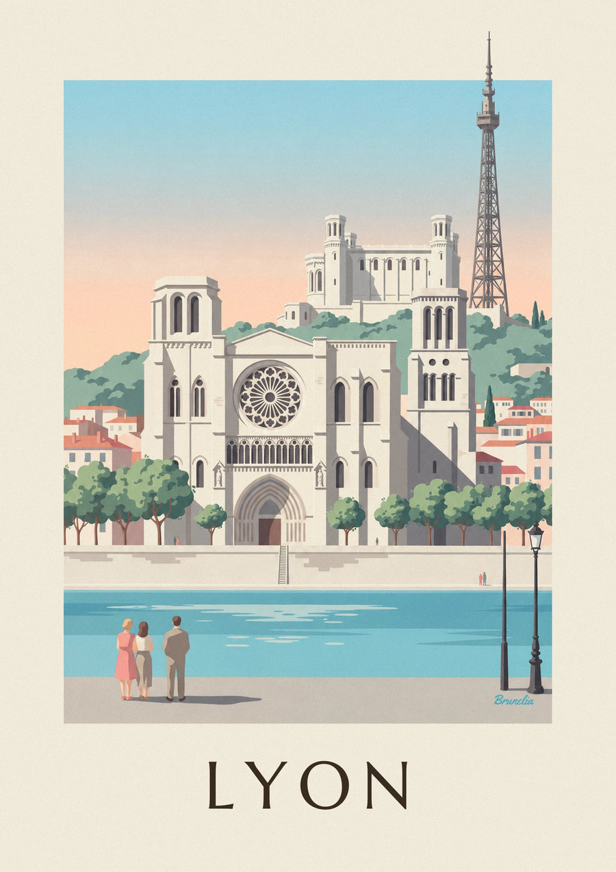 Plakat med Saint-Jean-katedralen og Saône-kajerne i Lyon