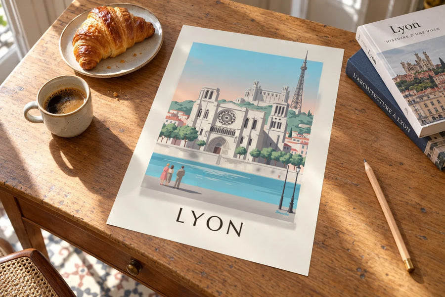 Plakat med Saint-Jean-katedralen og Saône-kajerne i Lyon: stående på et bord
