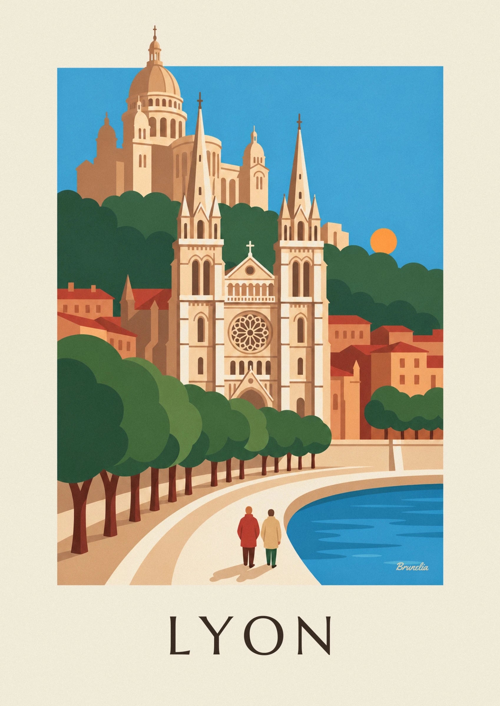 The façade of cathédrale Saint-Jean, its 2 towers and rose window in cream tones