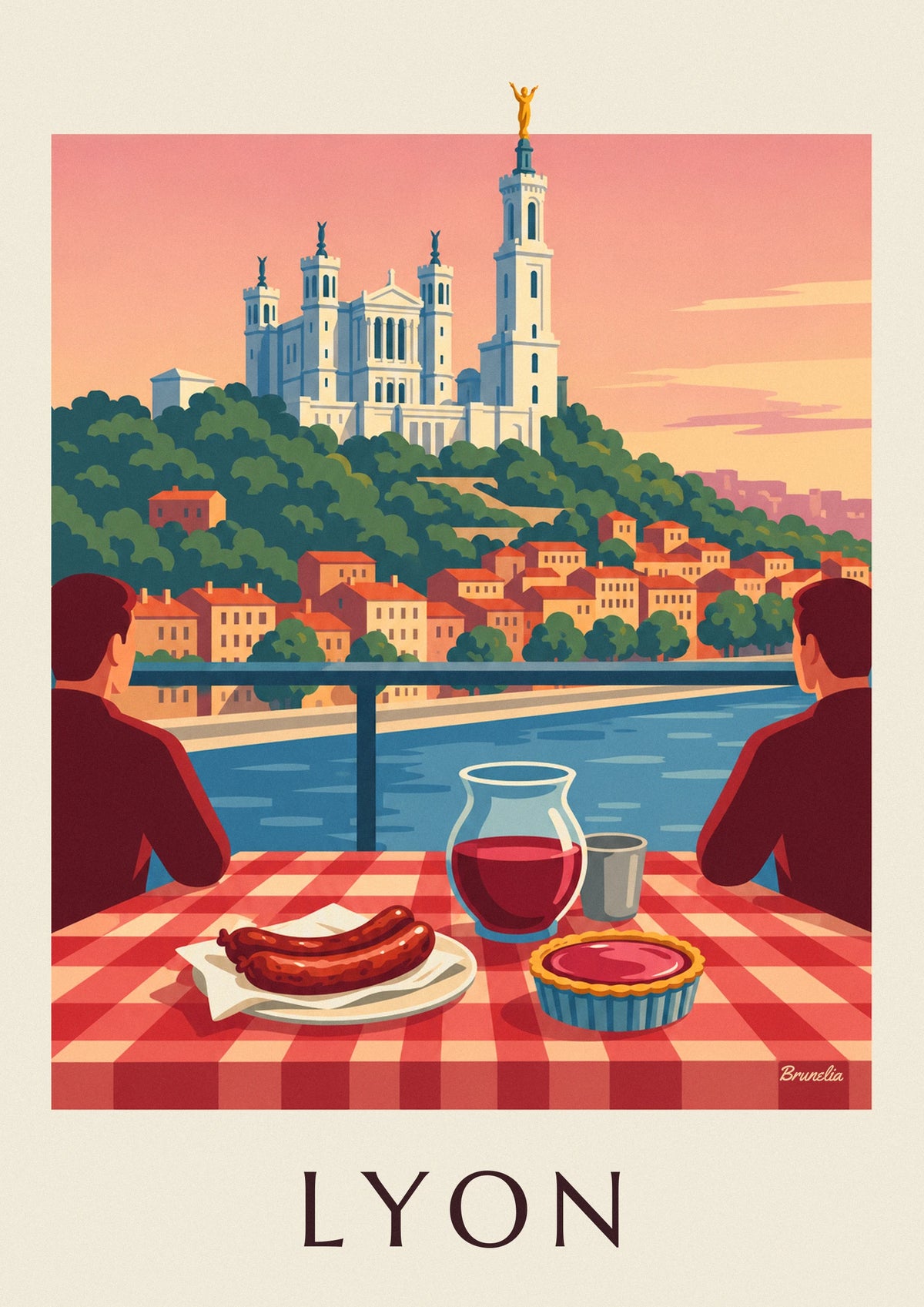 Lyon bouchon restaurant facing the Saône and Fourvière poster