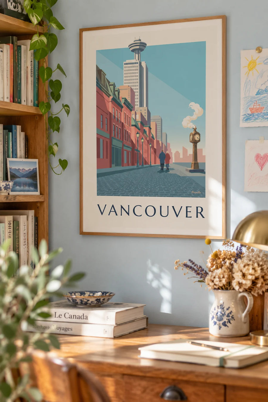Plakat med damp-uret i Gastown i Vancouver: indrammet på væggen
