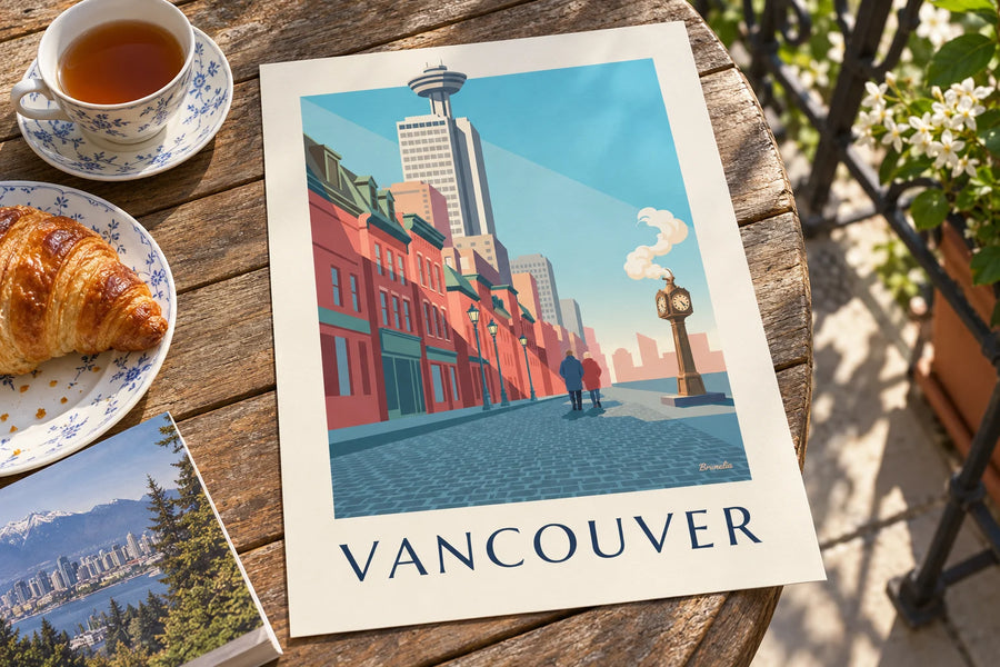 Plakat med damp-uret i Gastown i Vancouver: plakaten står på et bord