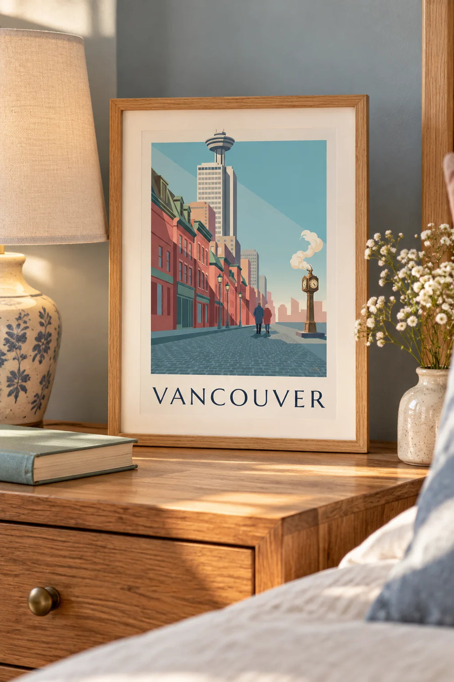 Plakat med dampuret i Gastown i Vancouver: lille A4-plakat i ramme