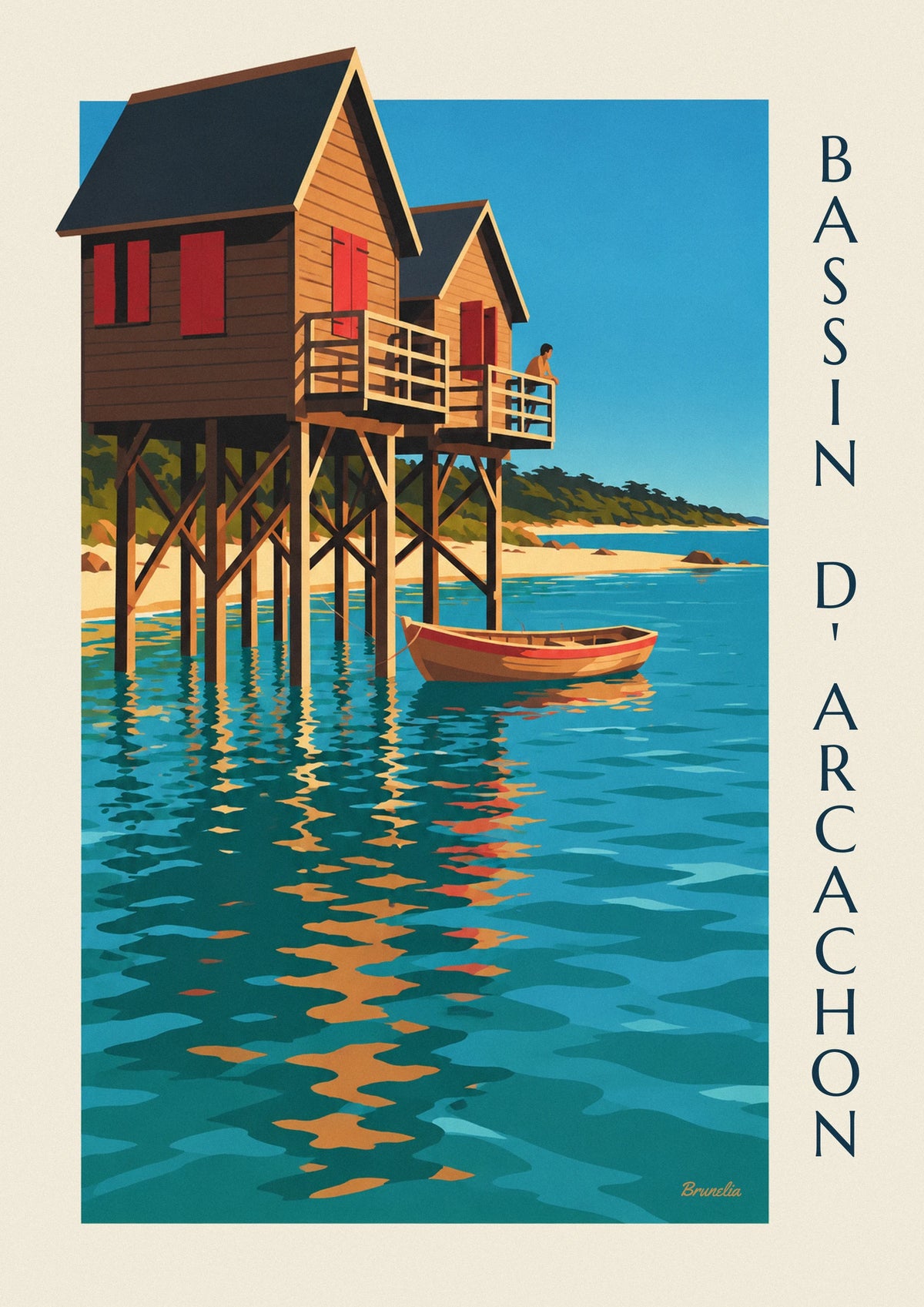 Affiche cabanes tchanquées du bassin d’Arcachon au crépuscule