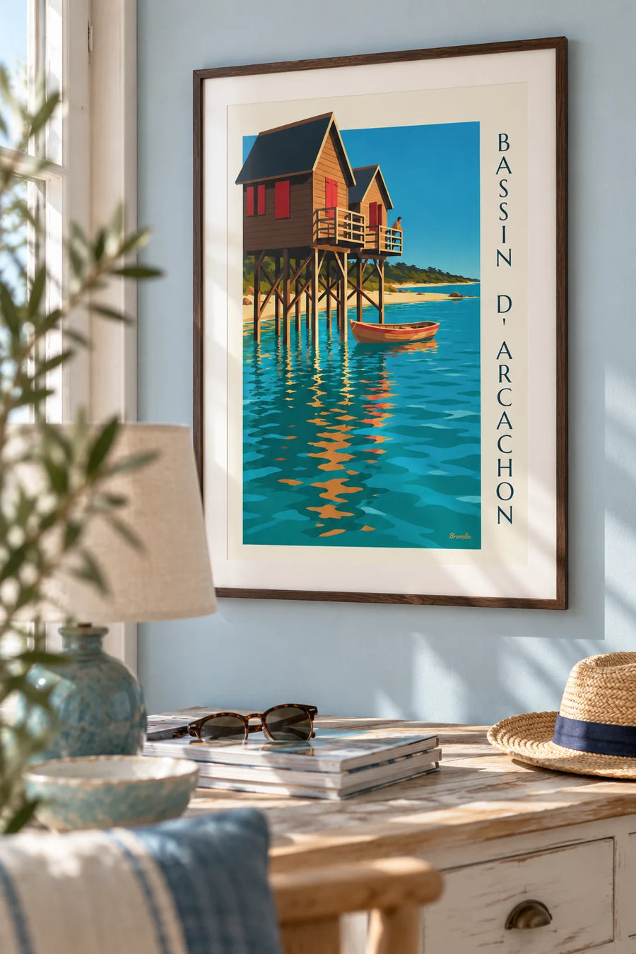 Poster of the stilt-house cabins of Arcachon Bay at dusk: framed on a wall