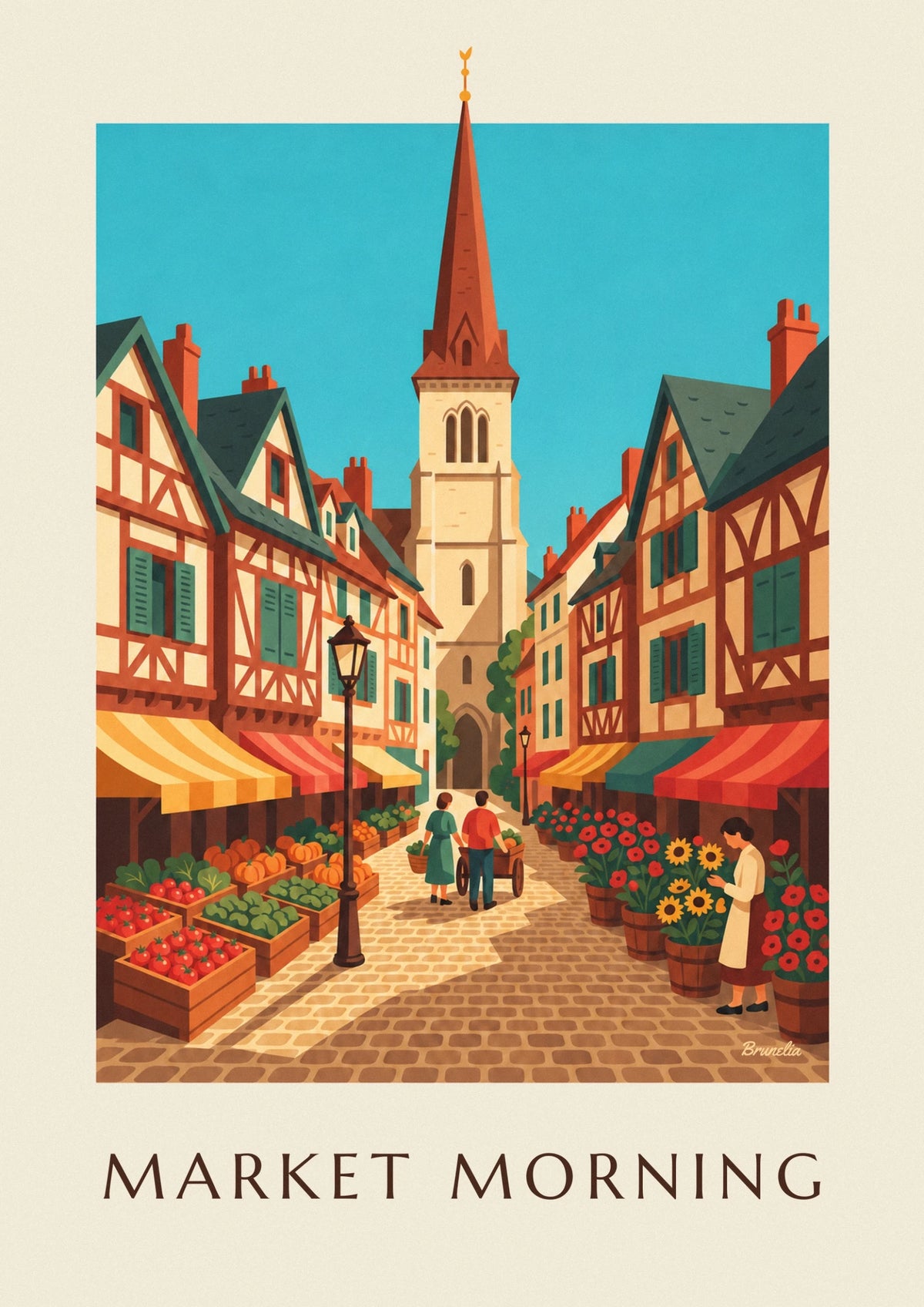 Farmers market and half-timbered houses poster
