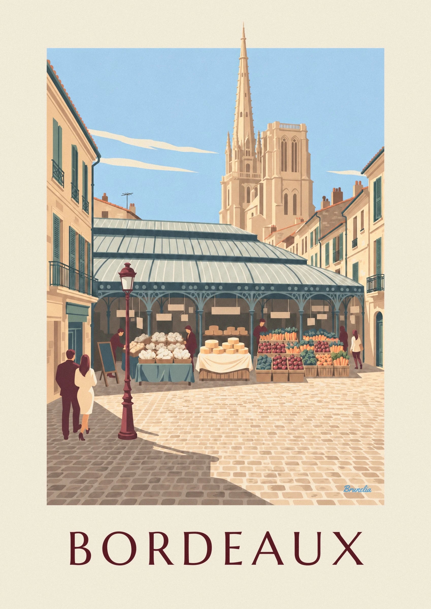 The flèche Saint-Michel above the rooftops of Bordeaux against a blue sky