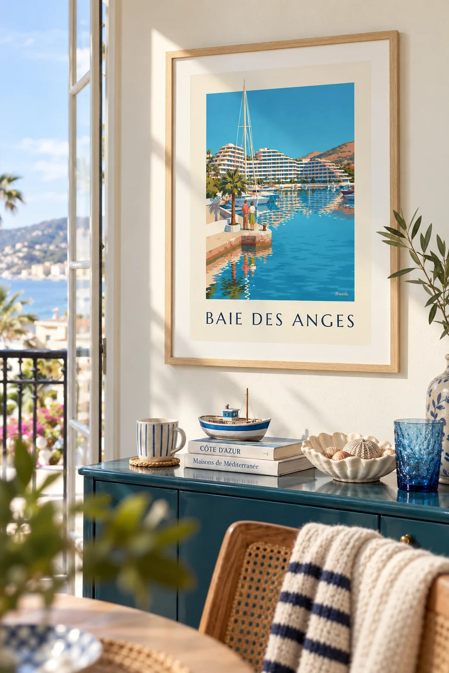 Plakat med lystbådehavnen Baie des Anges i Villeneuve-Loubet: indrammet på væggen
