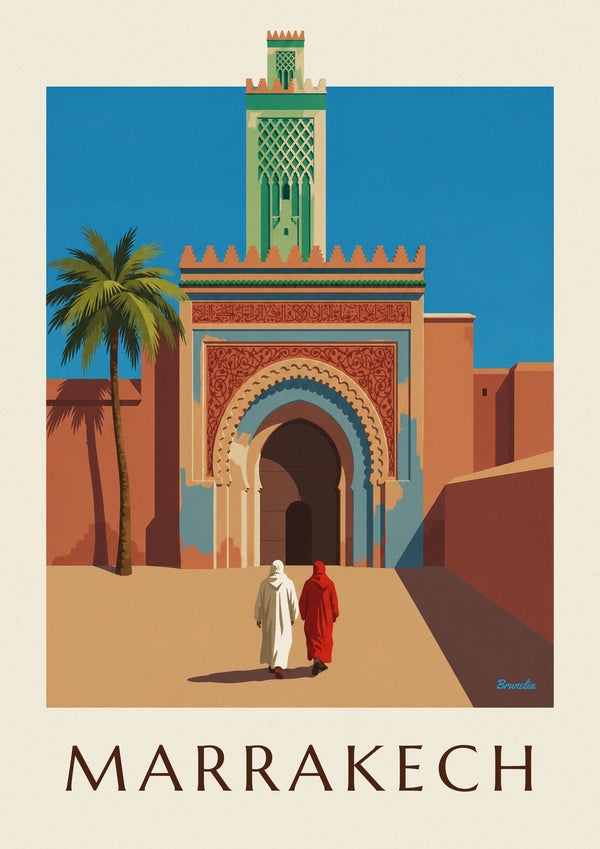 Plakat med porten Bab Agnaou og minaret i Marrakech