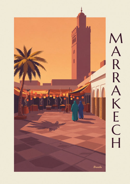 Affiche place Jemaa el-Fna à Marrakech au crépuscule : l'affiche entière