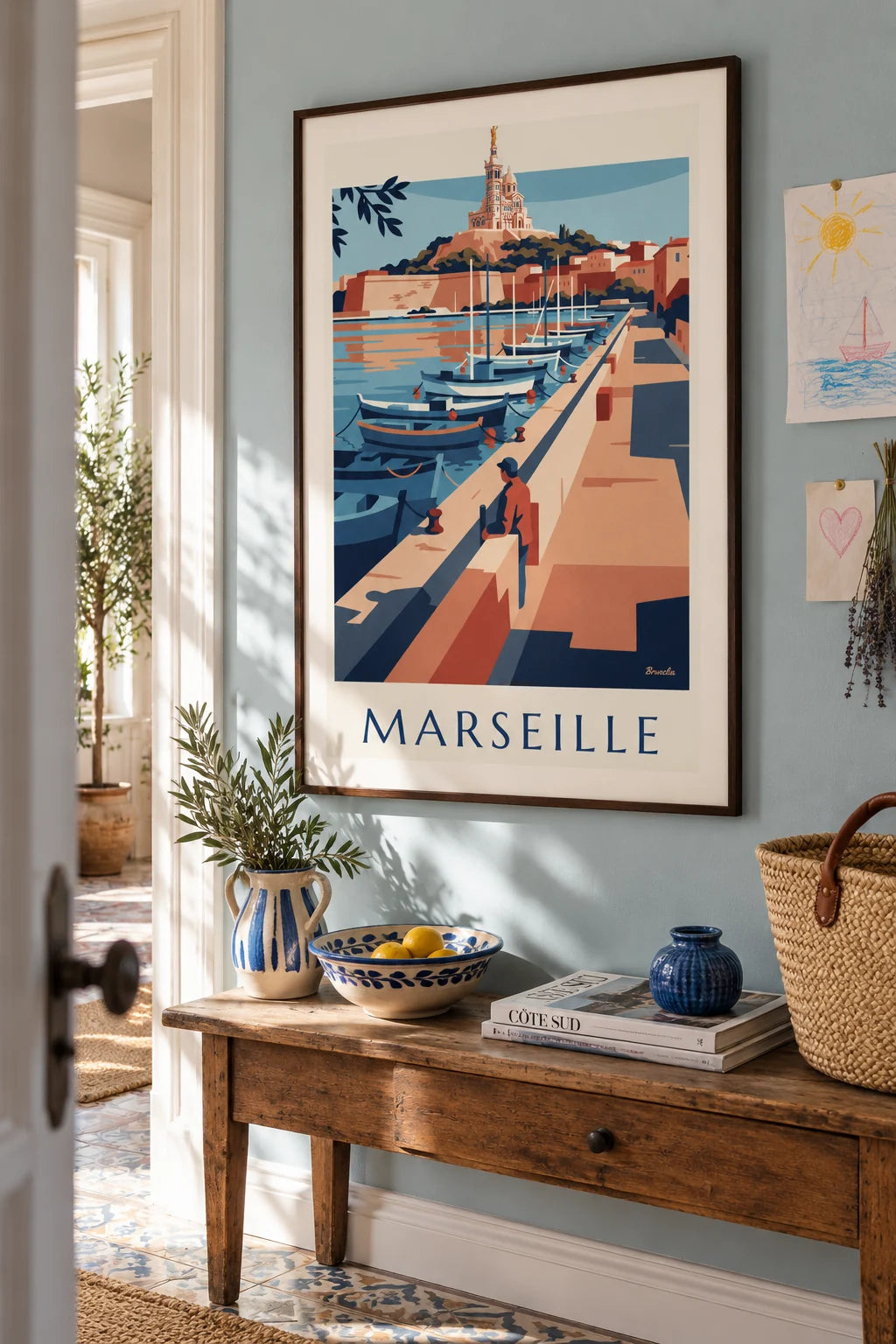 Notre-Dame de la Garde and boats on the Old Port quay in Marseille poster on the wall