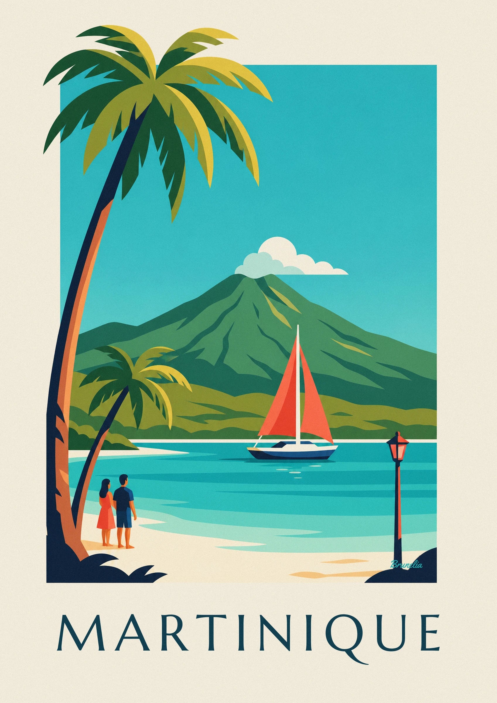 Affiche voilier dans une anse de Martinique et montagne Pelée: nærbillede af detalje
