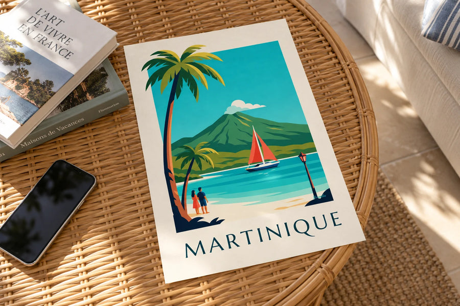 Plakat med sejlbåd i en bugt på Martinique og Montagne Pelée: på et bord