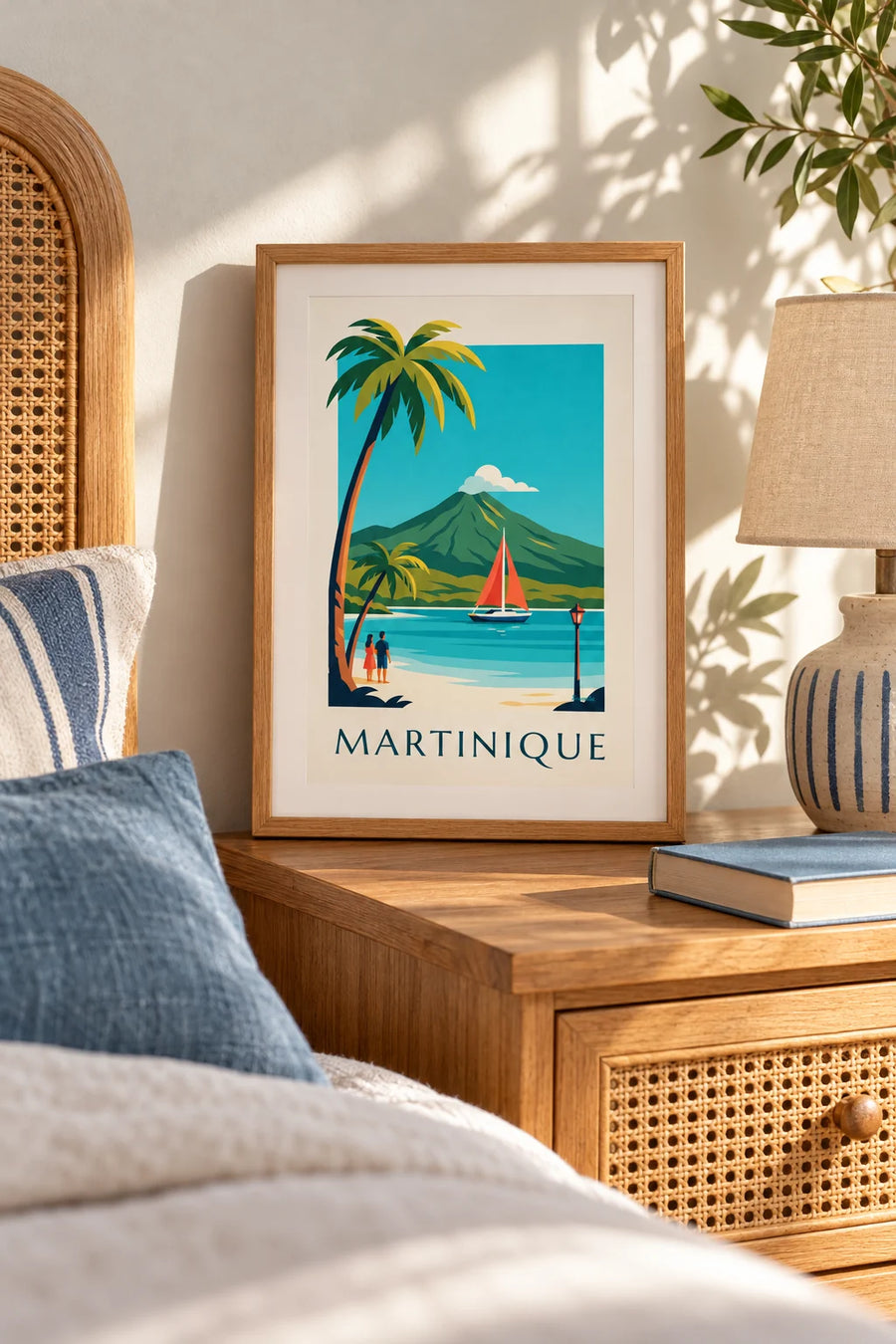 Plakat med sejlbåd i en bugt på Martinique og vulkanen Montagne Pelée: lille A4-format med ramme