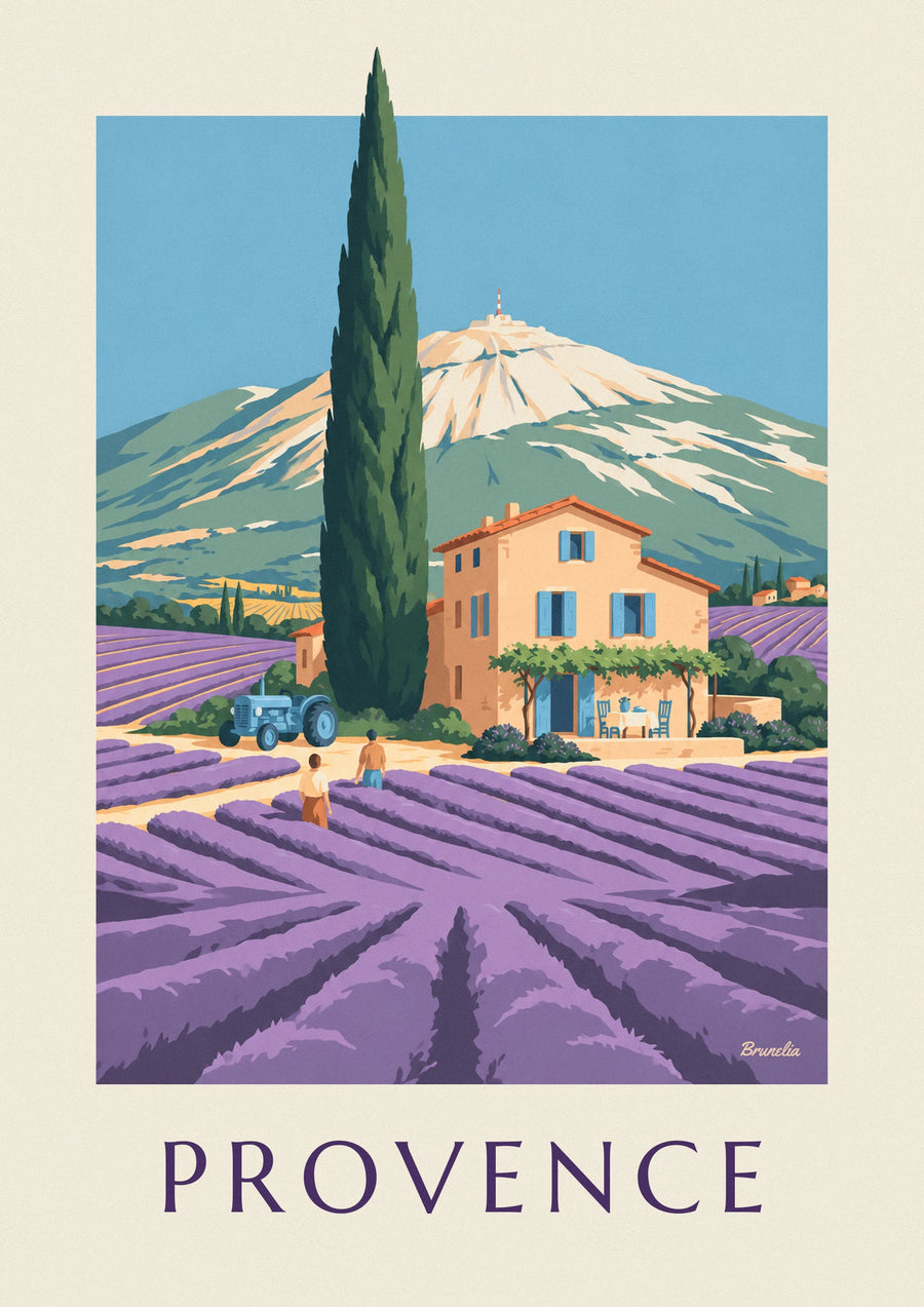 Plakat med provencalsk mas i lavendelmarkerne