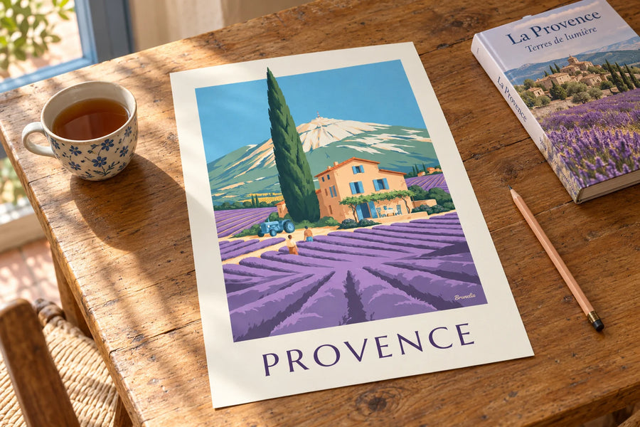 Plakat med provencalsk mas i lavendelmarker: stillet på et bord