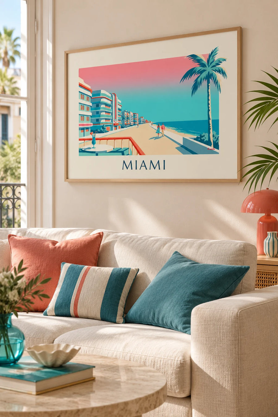 Plakat med cocktail og palmer på Ocean Drive i Miami: indrammet på væggen