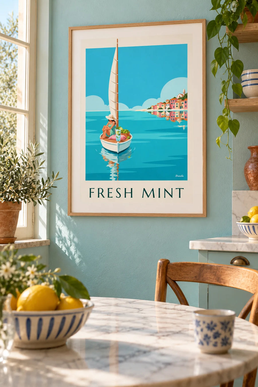 Plakat med mojito om bord på en lille sejlbåd i en turkis bugt: indrammet på væggen