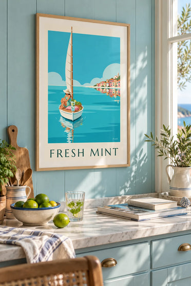 Affiche mojito à bord d'un petit voilier dans une baie turquoise : encadrée au mur